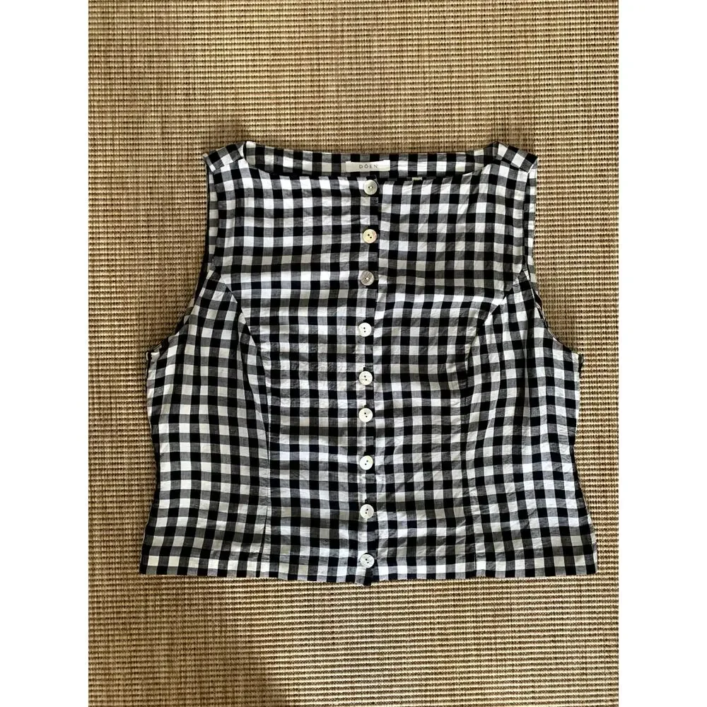 Doen Hayden Linen Button Boatneck Sleeveless Top Black Marilyn Gingham White - Picture 8 of 14